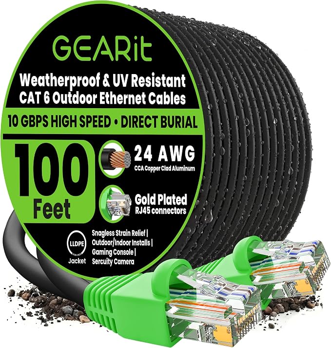 GEARit Cat6 Ethernet Cable 100ft, Direct Burial Outdoor Cat 6 Cable 24AWG High Speed Up to 10Gbps/550 MHz, LLDPE (PE) UV-Resistant Waterproof Jacket, CCA RJ45 Internet Cable for Router- Black