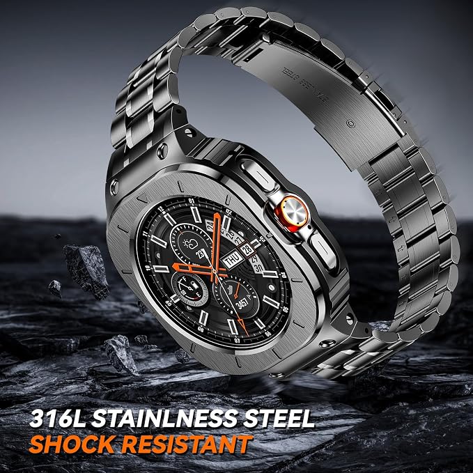 BAITEYOU Stainless Steel Bands with Case Compatible with Samsung Galaxy Watch Ultra 2/1 47mm (2025 2024), Rugged Protector Cover Metal Band for Galaxy Watch 7 8 Ultra for Men (Grey)