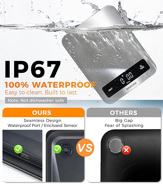 100% Waterproof Food Scale, IP67 Digital Kitchen Scale, Rechargeable (USB-C), 0.1oz/1g Precision, 22lb Capacity, Stainless Steel & Tempered Glass, for Cooking, Making Sourdough Bread, Grey