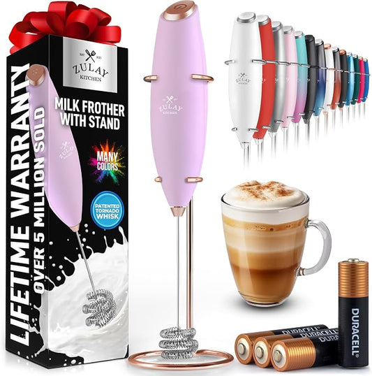 Zulay Kitchen Powerful Milk Frother Wand With Duracell Batteries - Ultra Fast Handheld Drink Mixer - Electric Whisk Foam Maker for Coffee, Lattes, Cappuccino & Matcha - Triple Whisk - Regal Lavender