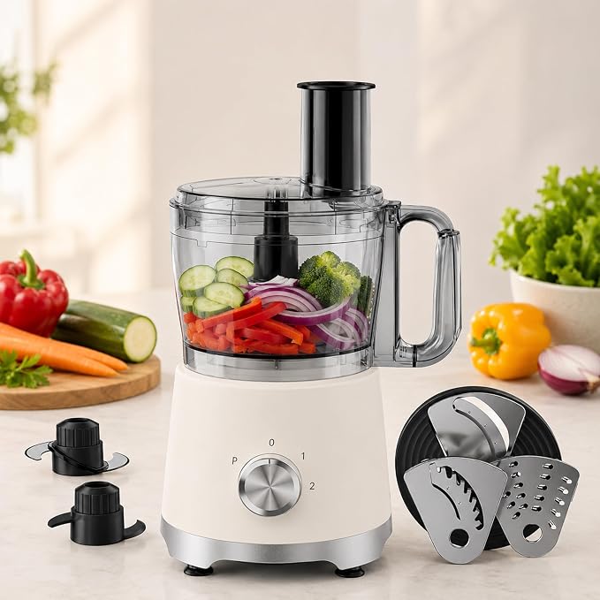 Simple Deluxe Food Processor 10.5 Cup, 2.6QT Multi-use Electric Vegetable Grinder with Slice Shred Chop Knead Functions, Kitchen Appliance for Fruit Smoothie & Dough Mixing, White