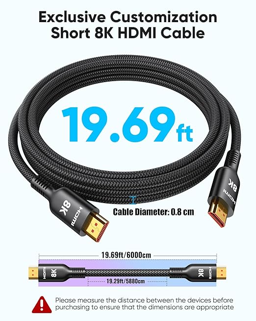 Highwings Long HDMI Cable 20 FT, 10K 8K 4K Ultra HD High Speed 2.1 HDMI Cable 48Gbps Braided Cord-4K@120Hz 8K@60Hz, DTS:X, HDCP 2.2&2.3, Dynamic HDR 10 Compatible with DVD Player/PS5/HDTV/Blu-ray