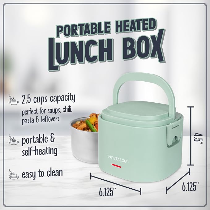 Nostalgia Portable Heated Lunch Box – 2.5-Cup Stainless Steel Food Warmer – Detachable Cord, Leak-Proof Lid, Carry Handle – Portable for Work & Travel – Sage
