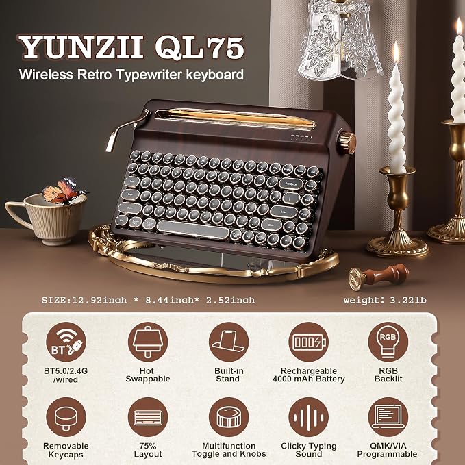 YUNZII QL75 Wireless Typewriter Hot Swap Retro Mechanical Keyboard,Punk Round Keycaps,RGB Backlit QMK/VIA Programmable, Multi-Device Keyboard with 2.4GHz/Type-C/BT5.0 (Wood, Onyx Switch)