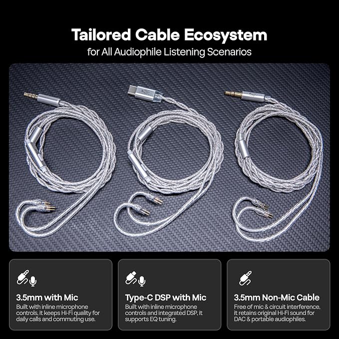 Linsoul Kiwi Ears Belle 10mm DLC Dynamic Driver in-Ear Monitor, HiFi Wired Earbuds with Dual Silver-Plated Cables, Professional IEM for Stage Performance/Gaming/Music Production (with MIC, Black)