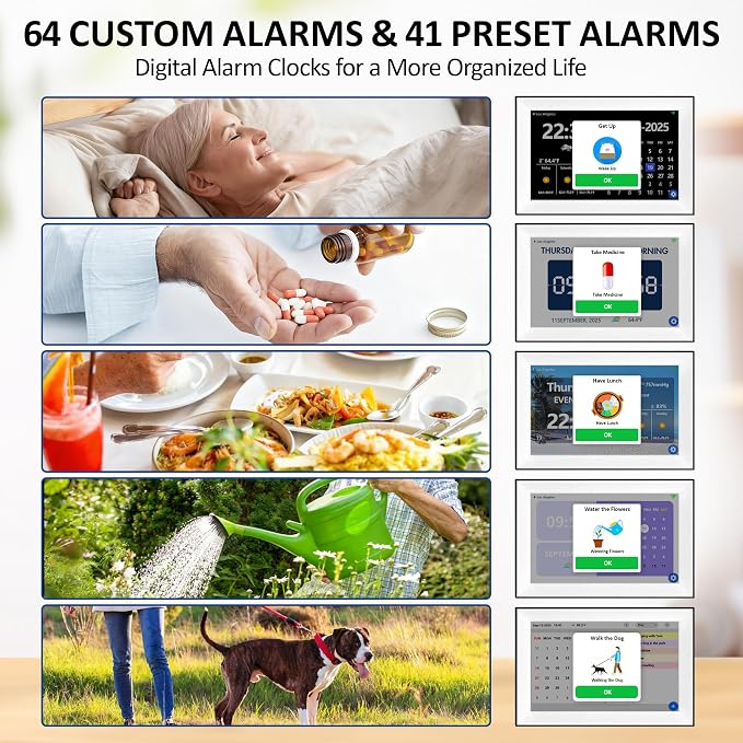 WiFi 10.1 Inch Digital Alarm Clock for Seniors, Large Display with Day/Date Smart Touchscreen Electronic Calendar 64 Alarms 64 Reminders Dementia Alarm Clock for Elderly（White）