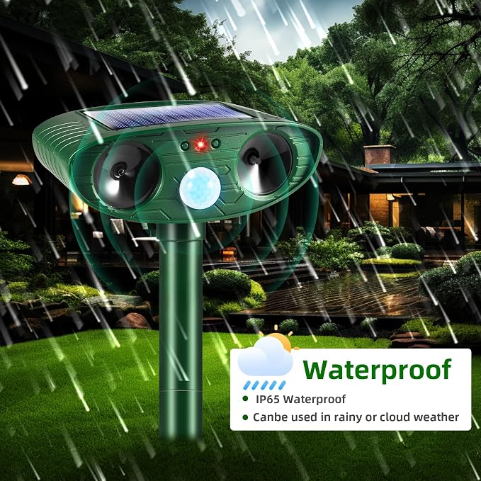 4Pack Solar Ultrasonic Animal Repellent Outdoor Deer Repellent Devices Motion Detection for Squirrel Raccoon Rabbit Dog Cat Deterrent Keep Rodent Chipmunk Away from Yard Lawn