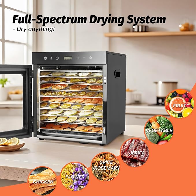CLIVIA Commercial Food Dehydrator, 10 Stainless Steel Trays, Food Dryer Dehydrator Machine, 194°F Temp. Control, 24H Timer, for Dogs Treats, Meat, Fruits, Viggies, Herbs