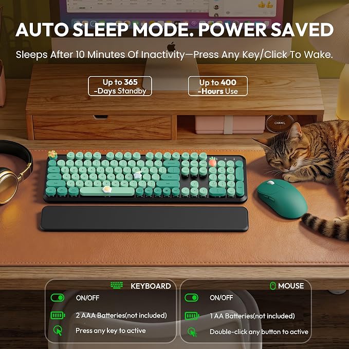 Wireless Keyboard and Mouse Combo - Cute Typewriter Keyboard with Detachable Wrist Rest, Retro Round Keycaps, Foldable Legs, 2.4GHz Keyboards for PC Laptop, Mac, Windows - Trueque (Black and Green)