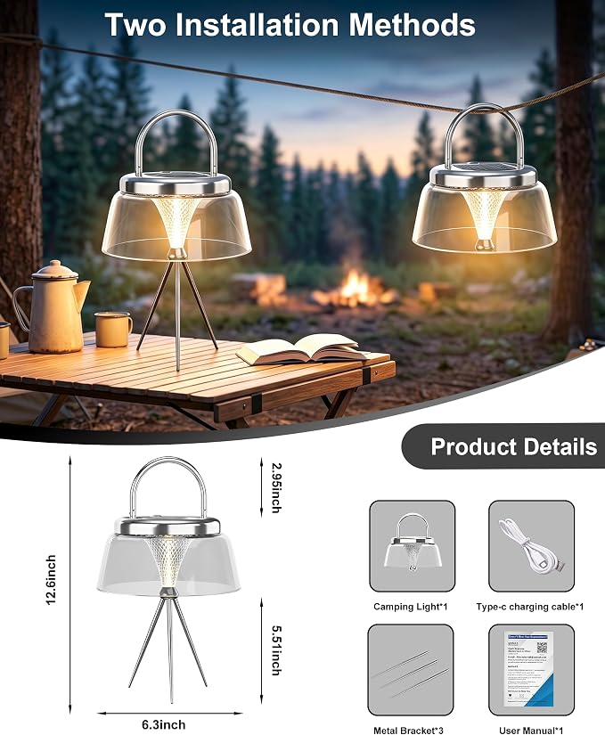 Solar Camping Lantern, Dimmable Warm White 360°COB LED Rechargeable Lantern with USB-C&Solar Charging, IP65 Waterproof Hanging/Tabletop Lamp for Indoor Outdoor, Tent, Patio, Emergency(Silver)