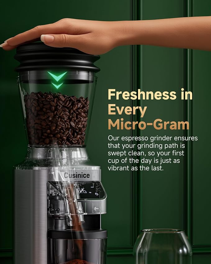 Conical Burr Coffee Grinder for Home Use, Anti-Static Espresso Grinder with 34 Grind Settings, 40mm Stainless Steel Burr, 0.1s Timer, Portafilter Holder, Touchscreen, Silver