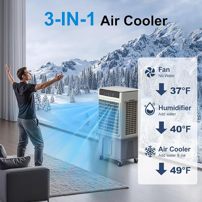 Windowless Swamp Cooler, 3 in 1 Evaporative Portable Air Conditioner with Remote, Cooling Fan Ac Unit,3 Speed, 24H Timer, 5.3 Gal Water Tank, 4 Ice Box for Garage, Patio, Bedroom Home Office Outdoor