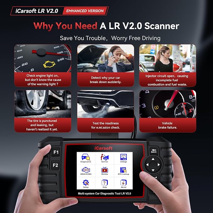 iCarsoft OBD2 Scanner for Landrover/Jaguar 9 Reset Functions Oil Reset BMS TPMS etc, Full System Diagnostic Tool with Airbag Transmission Scan, Battery Test/Live Data, LR V2.0 Car Code Reader