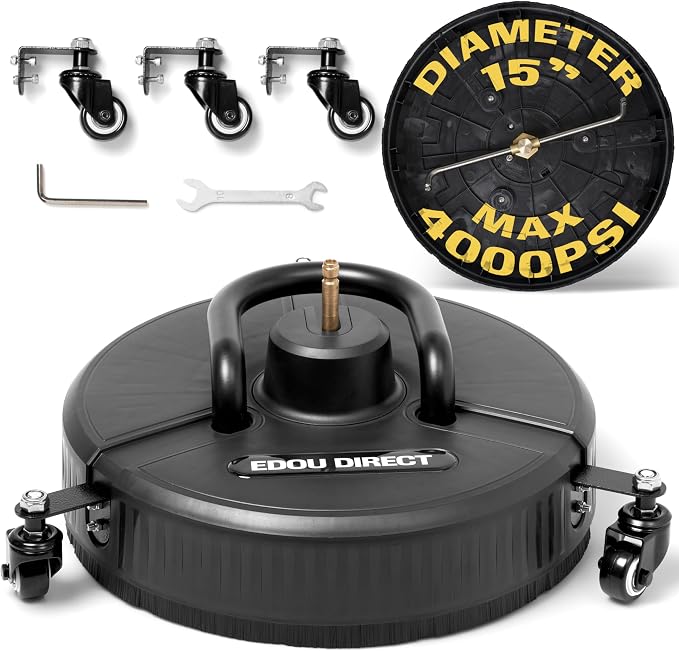 Edou Direct Pressure Washer Surface Cleaner with Wheels and Handle - Heavy-Duty Plastic - 15'' - Compatible with Most Electric Pressure Washers - 1/4 Inch Quick-Connect - Black