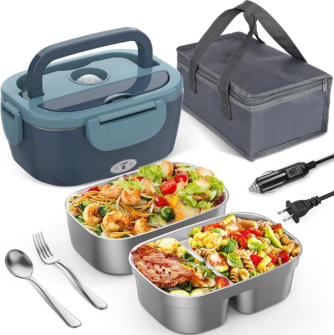 WisaKey Electric Lunch Box 80W Heated LunchBox for Adults 12V 24V 110V 220V Portable Food Warmer Lonchera Eléctrica Portátil with 2 Stainless Steel Containers Gifts Fathers Day for Dad Husband Men