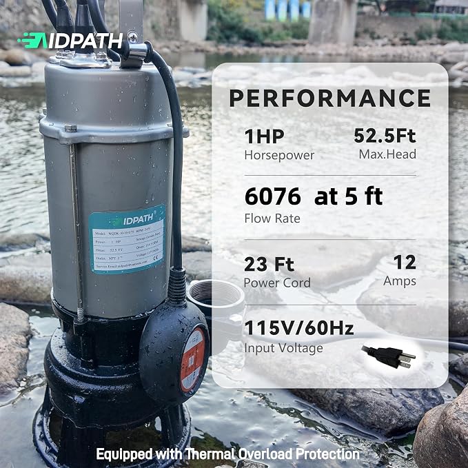 1HP Submersible Sewage Grinder Pump, Stainless Steel Housing, 2" NPT Discharge - For 30"+ Deep Sewage Basins, Septic Tanks, 52.5ft Head 6076GPH Max Flow, 115V