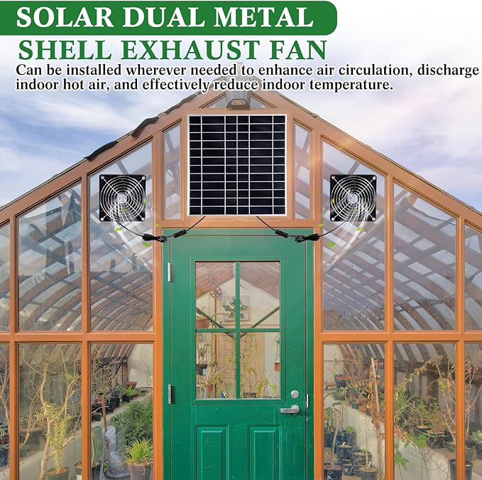 Glooglitter 2 Set 20w Solar Powered Fan Kit for Chicken Coop IP67 Waterproof Dual Solar Greenhouse Fan 3500 RPM High Speed Exhaust Fan with 10ft Cable for Shed Pet House Window Outside Inside