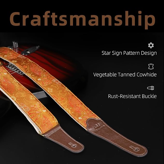 Guitar Strap, embroidery Jacquard Adjustable Guitar Straps for Acoustic/Bass/Electric Guitar, Includes Guitar Pick, Strap Button and Strap Lock, Constellation Gift (Leo)