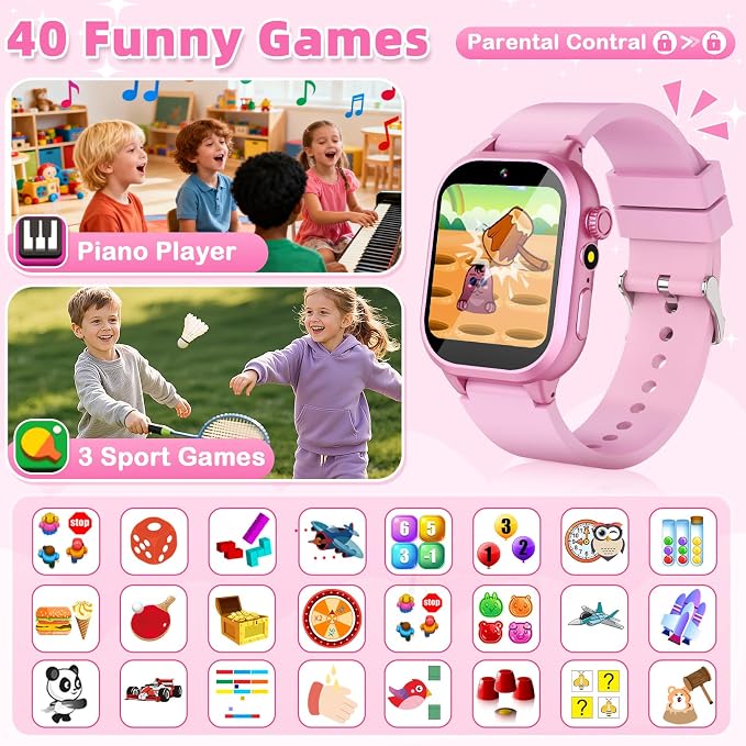 Kids Smart Watch Girls Gift for Girl Aged 5-12, 40 Games HD TouchScreen Kids Watch with Video Camera Music Pedometer Audiostory Learn Card Toys Birthday Gifts for Girls Ages 5 6 7 8 9 10(Pink)