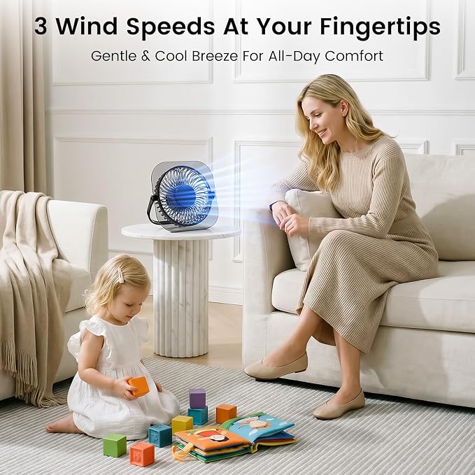 Electactic Desktop Fan with LED Night Light, 3 Adjustable Wind Speeds, Foldable & Adjustable Angle, USB Powered Ultra Quiet Personal Fan, Compact ABS Portable Cooling Fan for Home Office Bedroom Desk