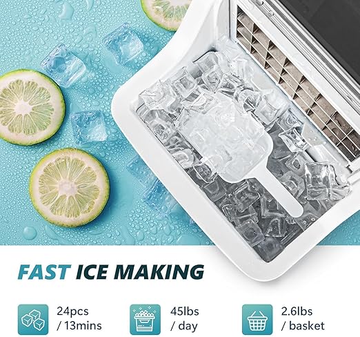 EUHOMY Ice Cube Maker Machine Countertop, 2 Ways to Add Water, 45Lbs/Day 24 Pcs Ready in 13 Mins, Auto-Cleaning Portable Compact, with Ice Scoop & Basket, Perfect for Home/Kitchen/Office/Bar (Silver)