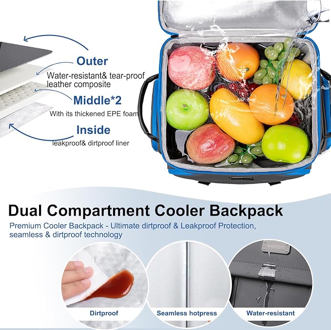 Weitars Insulated Cooler Backpack,Double Deck Waterproof Soft Cooler Bag,Backpack Coolers Leak Proof Lunch Backpack for Men Women for Travel,Camping,Picnic,Beach,Picnic,Outdoor 31L/52 Can