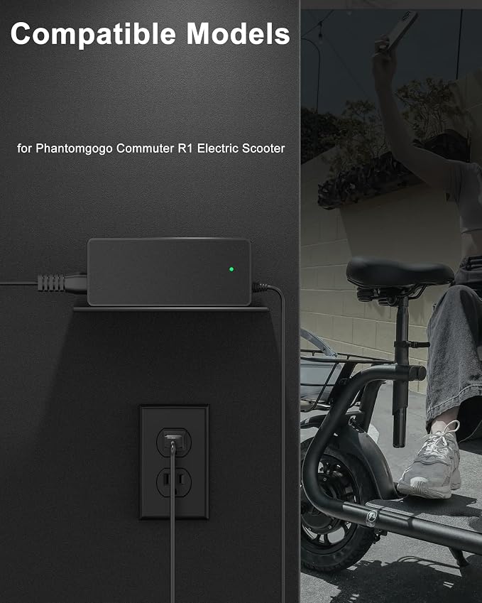 VHBW 42V Compatible with Phantomgogo Electric Scooter R1 Charger, Smart Safety Protection, Fast Charging, LED Indicator, Portable Power Adapter Replacement