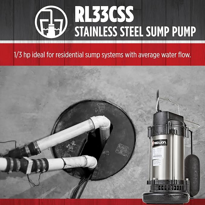 Red Lion RL33CSS 115-Volt, 1/3 HP, 3500 GPH Submersible Stainless Steel Sump Pump with Snap-Action Switch and 10-Foot Power Cord, Steel, 14942793