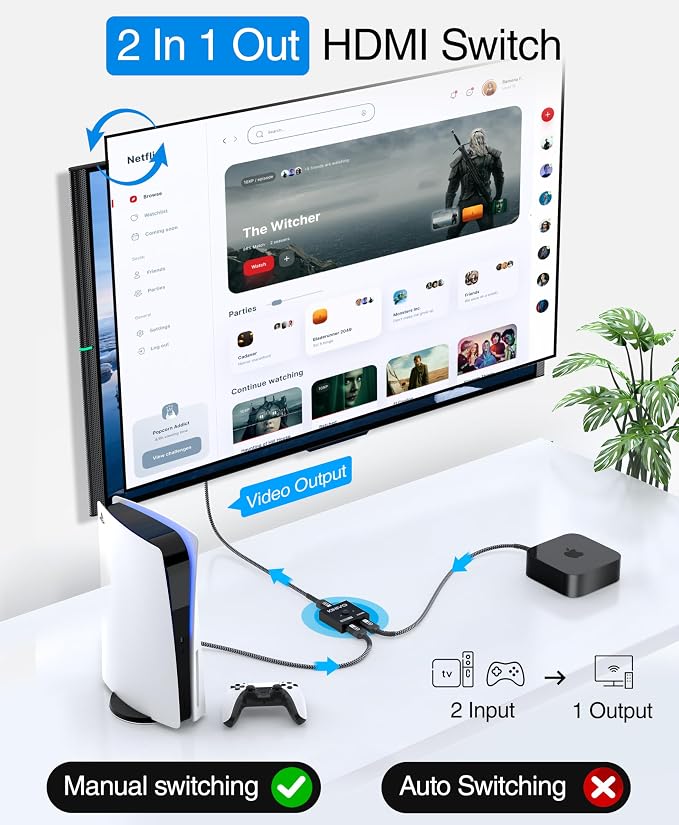 Kinivo 8K HDMI Switch 2 in 1 Out - (Uni-Directional, 8K 60Hz, Ultra HD Switcher Hub, 48Gbps HDMI Hub, HDR10+ Selector, Manual Switching Only) - Compatible with HDTV, PS5/4, Xbox, Projector