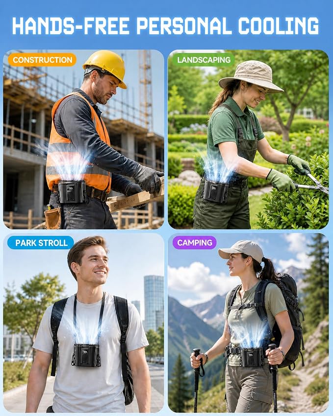 Portable Personal Fan: 3-Motor Hands-Free Waist Fan with 12,000mAh Battery & 5-Speed Airflow – Powerful Cooling for Construction Sites, Camping, Hiking & Travel-Belt Fan-Black