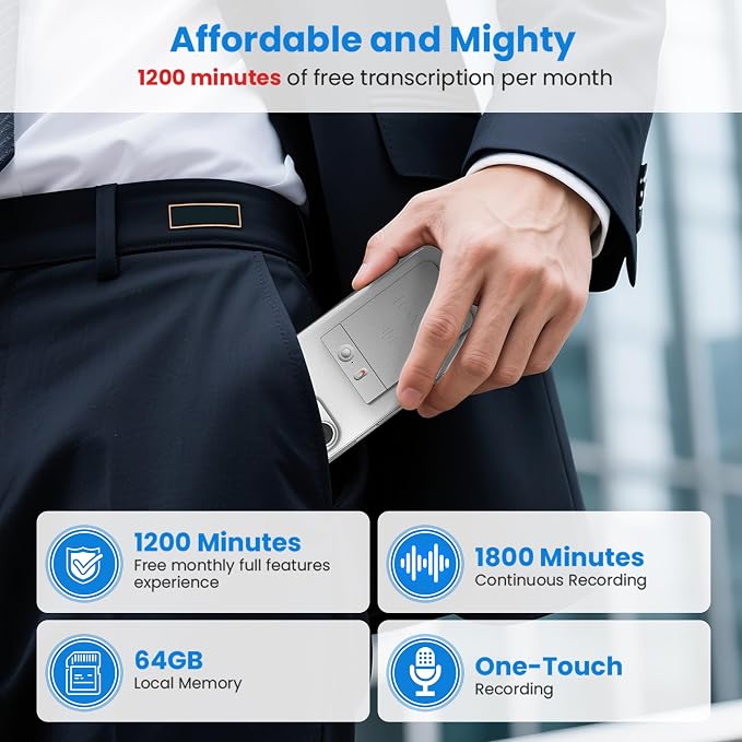 AI Voice Recorder, 64GB Audio Note Recorder with Transcribe&Summarize Free 1200 min of Transcription, App Control, Supports 112 Languages, Magnetic Case for Lectures Meetings Calls