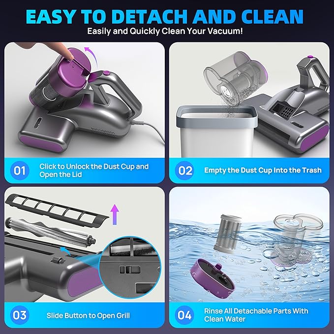 Mattress Vacuum Cleaner UVC 253.7nm Light with 16Kpa Strong Suction, 145°F Heat, Ultrasonic, HEPA Filter, Versatile Bed, Pillow and Couch Vacuum Cleaner (16.4ft Corded, 500W)