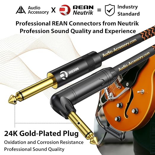 AA AUDIO ACCESSORY Pro Series Guitar Cable 10 ft, Gold-Plated Neutrik REAN Connector, 18 AWG 99.99% OFC, Low Capacitance Straight to Right Angle 1/4 Inch Instrument Cable for Fender Ernie Ball Mogami