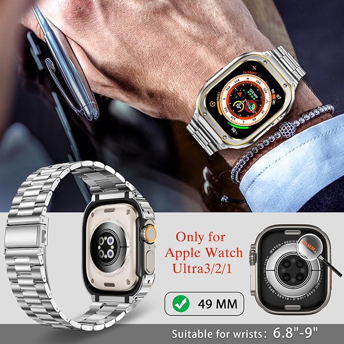 MioHHR Stainless Steel Band and Case Compatible with Apple Watch Band 49mm, Men Metal Protective Bumper Cover for iWatch Series Ultra 3/2/1, Silver/Gold