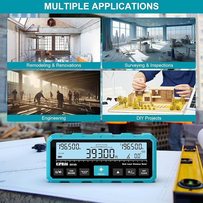 Kiprim DR120 Dual Laser Distance Meter with Bidirectional Laser Emission, Vertical Laser Marking Line, and Electronic Level, Measures in Meters, Feet, and Inches, 393ft/120m Range Rangefinder