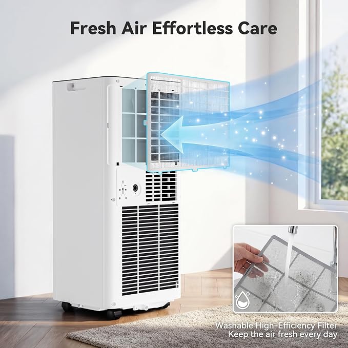 10000 BTUs Quiet Portable Air Conditioner, Cools Rooms up to 450 Sq. Ft, 4-in-1: AC/Dehumidifier/Fan/Sleep Mode, 24-Hour Timer, 26-Ft Remote Control, Window Kit Included