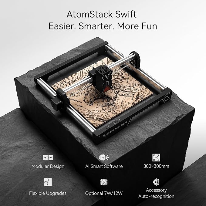 ATOMSTACK Swift 7W Laser Engraver and Cutter, 0.06mm High Accuracy Laser Engraving Machine for Wood and Metal, Dark Acrylic, Glass & Leather, DIY Laser Cutter with Eye Protection(Black)