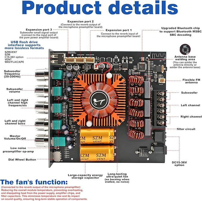 540W 2.1-Channel Mini Bluetooth Amplifier Board – 160W×2 + 220W Subwoofer, with TWS, FM/USB/AUX, IR Remote, DC15-36V, Deep Bass for DIY Speakers & Home Audio