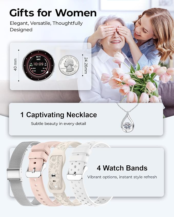 Smart Watch for Women, 1.27" HD Fitness Tracker with 4 Bands & Necklace Gift Set, Heart Rate SpO2 Sleep Monitor, 120+ Sport Modes, Call & Notifications, Smartwatch for Android iPhone, 40mm Silver
