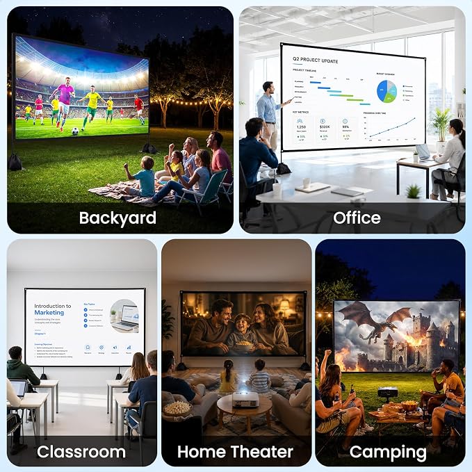 120 inch Projector Screen with Stand, 16:9 4K HD Portable Outdoor Indoor Movie Screen, Lightweight Projection Screen with Carry Bag & Sandbag for Backyard, Home Theater, Camping