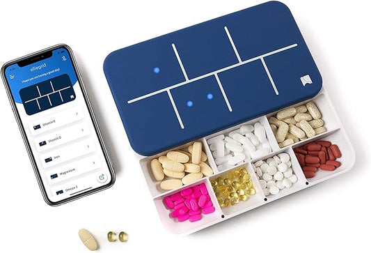 Monthly Pill Organizer by Ellie | Organize Pills in Seconds | Alarm & Phone Notification | Caregiver Notifications | Lights Indicate Which Pills to Take and How Many