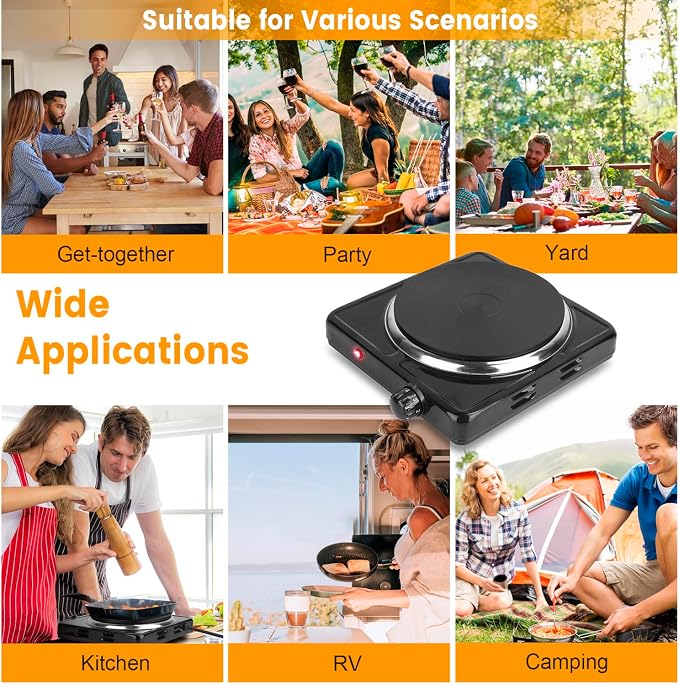 Electric Burner, Electric Hot Plate for Cooking Portable Cooking Stove, Countertop Burner Cooktop for Kitchen, Dorm, Temperature Control, Easy to Clean, Black