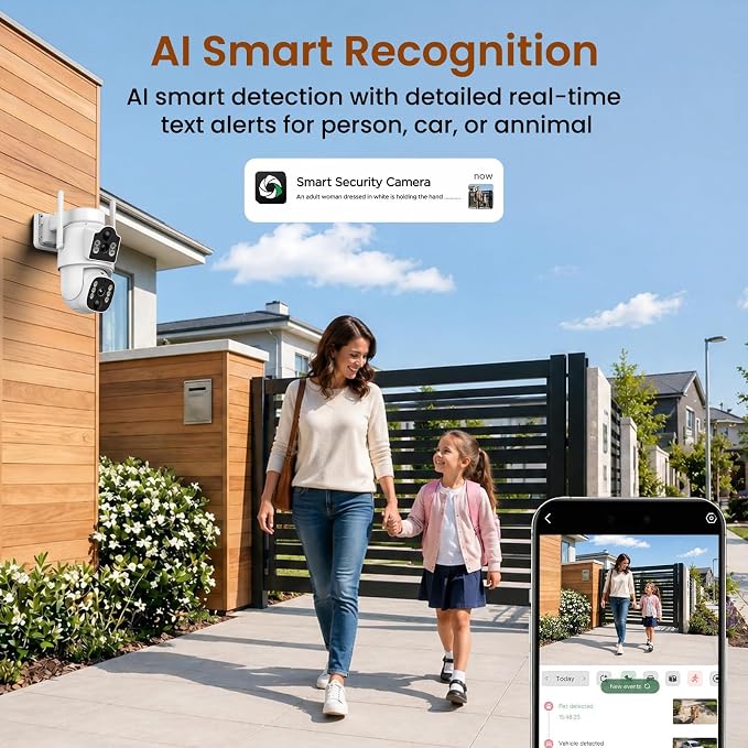 4G LTE Dual Lens Cellular Security Camera, No WiFi Solar Security Cameras Wireless Outdoor with 360° PTZ Live View, 2K Color Night Vision, Auto Tracking AI Detection, Cloud Storage, Built in SIM Card