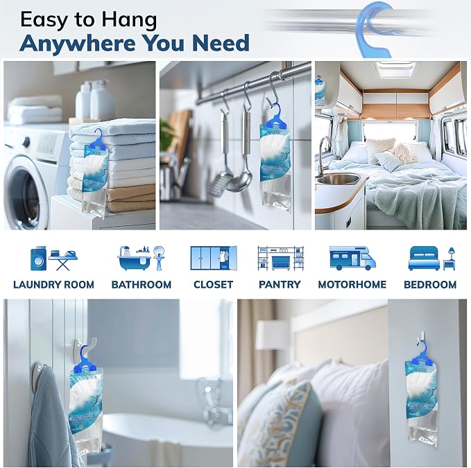 Hanging Moisture Absorber Bags, Dehumidifier Bags for Closet, Wardrobe and Laundry Room, Reduce Moisture, Odors, and Dampness, Long-Lasting Humidity Control, 16.9 oz per Bag (Pack of 10)
