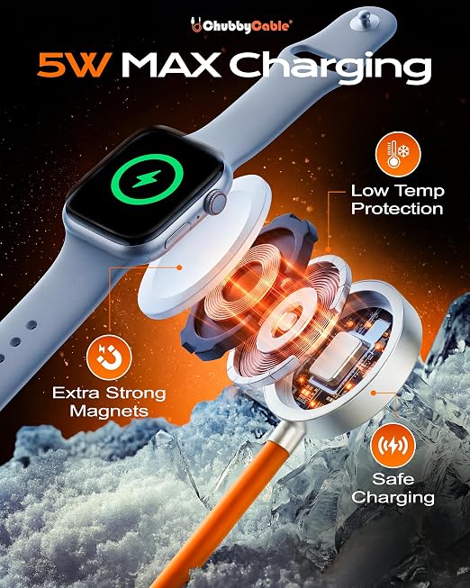 chubbycable Duo-Core Flex 2-in-1 USB C Cable 100W Fast Charging 5W [40Mins 80%] Magnetic Apple Watch Charger 4FT Soft Silicone Compatible with iWatch, iPhone, iPad, MacBook, AirPods, Orange