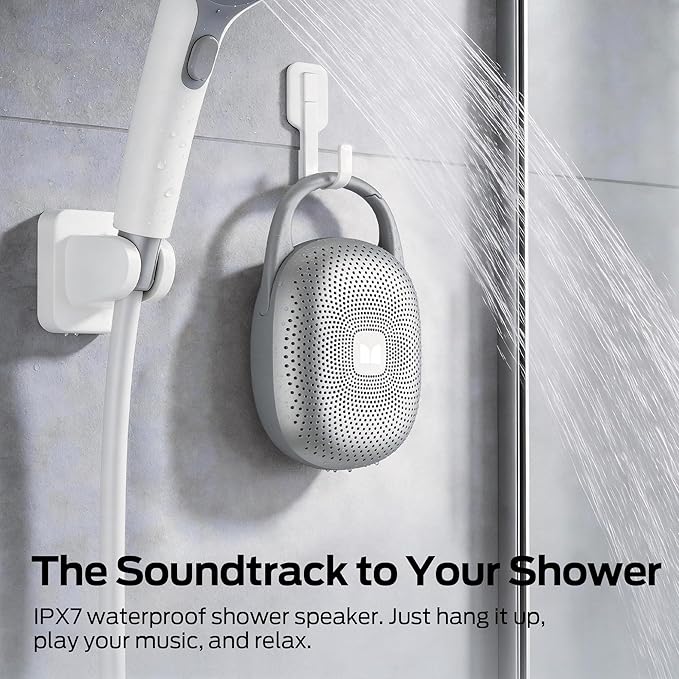 Monster Bluetooth Speaker Ultra-Portable with Integrated Carabiner Clip, IPX7 Waterproof, 29H Playtime, Bluetooth 6.0, TWS Pair Clip-On Speaker for Outdoor, Hiking, Beach, Shower & Travel, Light Grey