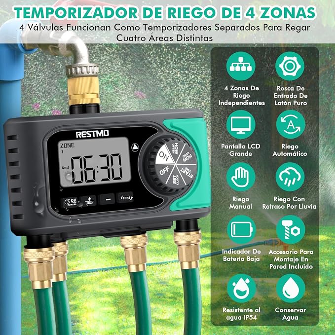 RESTMO 4-Zone Sprinkler Timer, Brass Inlet Programmable Water Timer for Garden Hose, Automatic Digital Irrigation with Manual ON/Off & Rain Delay for Lawn, Drip System & Outdoor Faucet