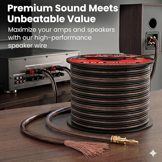 GEARit 14 Gauge Speaker Wire 100 ft,Speaker Cable with Foot Markers & Polarity Markings,14 Gauge Wire for Car Audio & Home Theater Speakers,Audio Cable for DIY Installations,CCA(Black Clear)