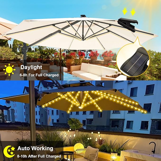 Solar Umbrella Lights, 8 Strands Patio Umbrella Lights Outdoor with 8 Modes 3V Solar Panel Clip 112 Led Outdoor Waterproof for Beach Deck Garden Camping Tents Party Decoration(Warm White)