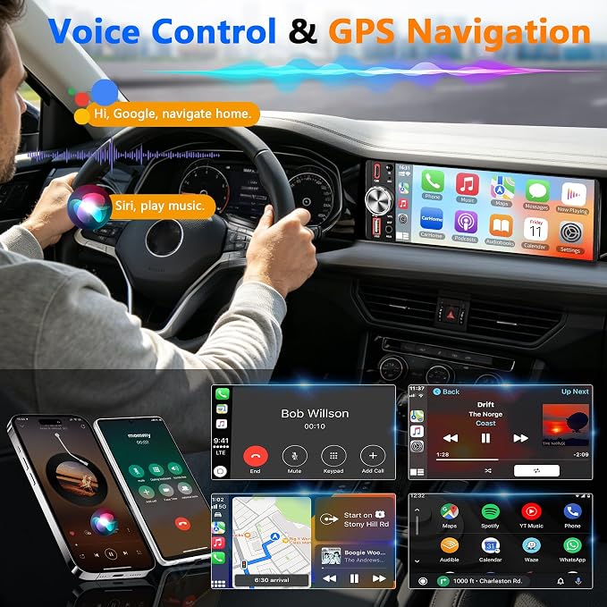 Single Din Car Stereo with Wireless Apple CarPlay & Android Auto, 6.5" IPS Touchscreen Bluetooth, Single Din Car Radio with Backup Camera, GPS Navigation, USB/Type-C, FM/AM, EQ, AUX, MIC